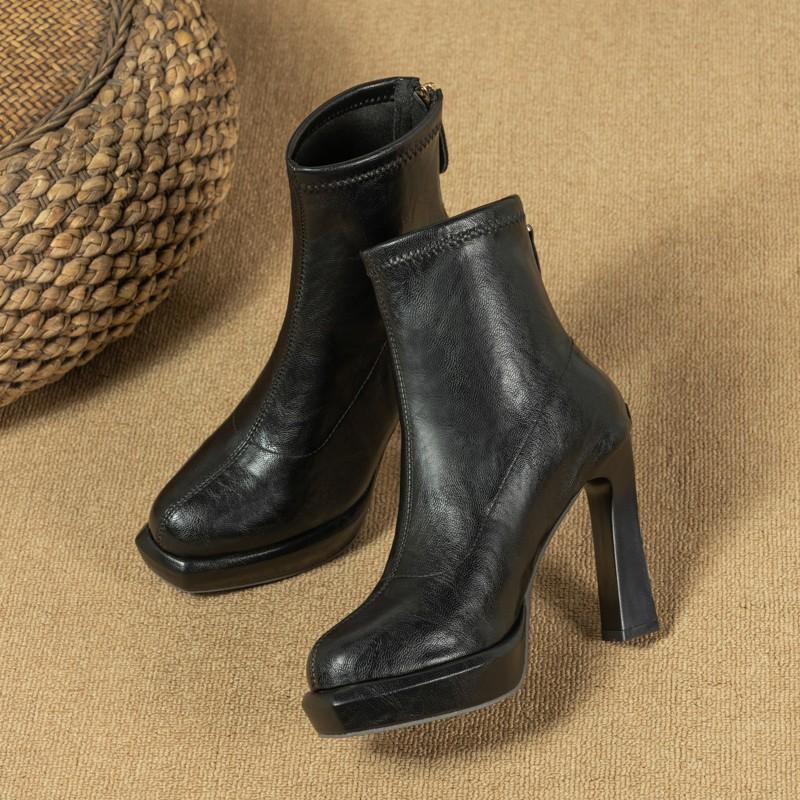 Fashion Square Heel Boots Autumn New Round Toe Spliced Rear Zipper Platform Anti-Slip Wear-Resistant High Heels
