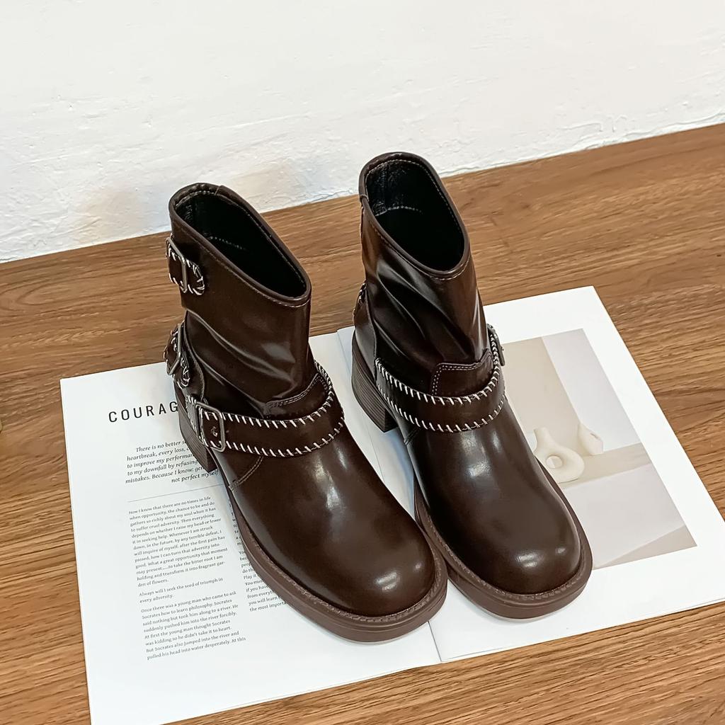 Grape mother retro polished knight boots short belt buckle old thick heel British style short boots comfortable platform women's boots