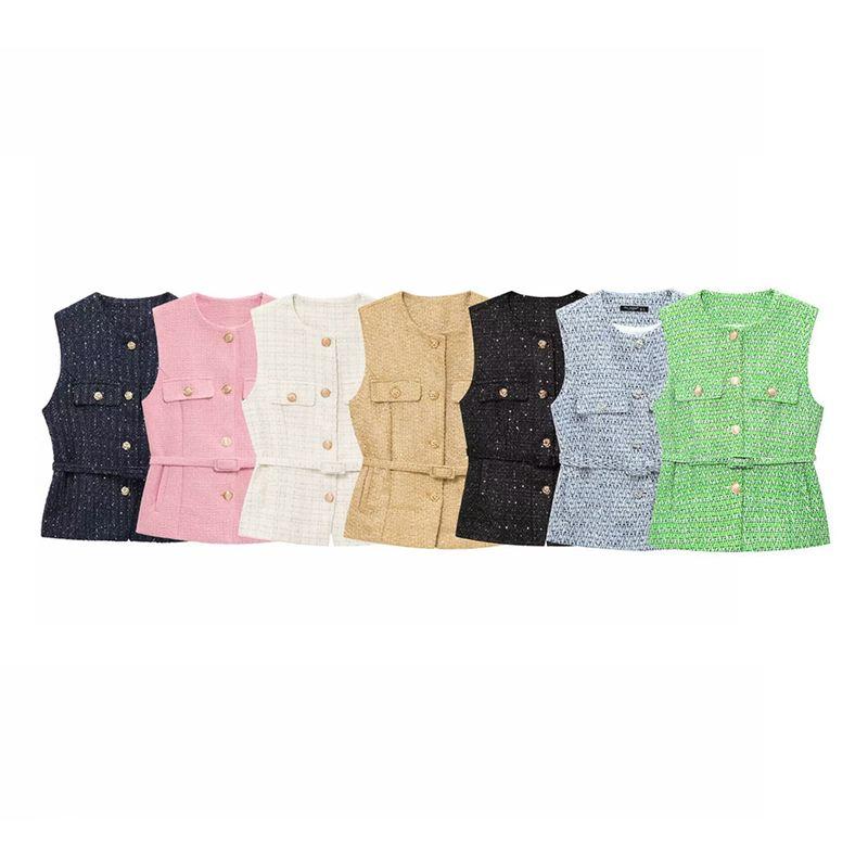 Kaslead New Arrival Women's Fashion Style with Belt Metallic Thread Texture Vest 2132116