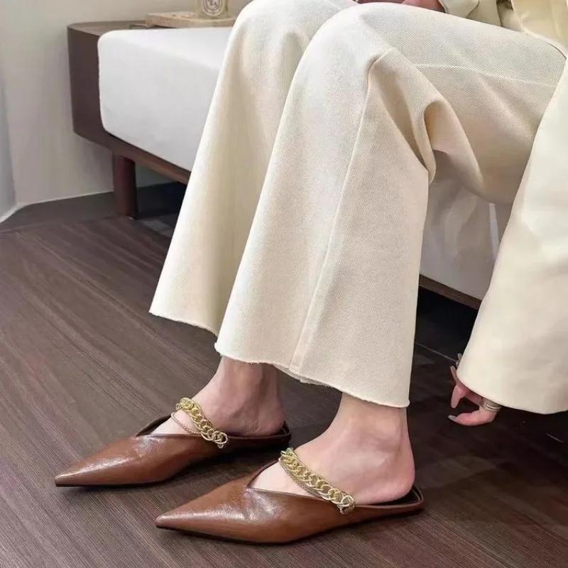 Fashion 2025 Designer Pointed Toe Mirror Silver Leather Slippers Women Crystal Band Summer Shoes Outdoor Slides Low Heel Mules Sandals