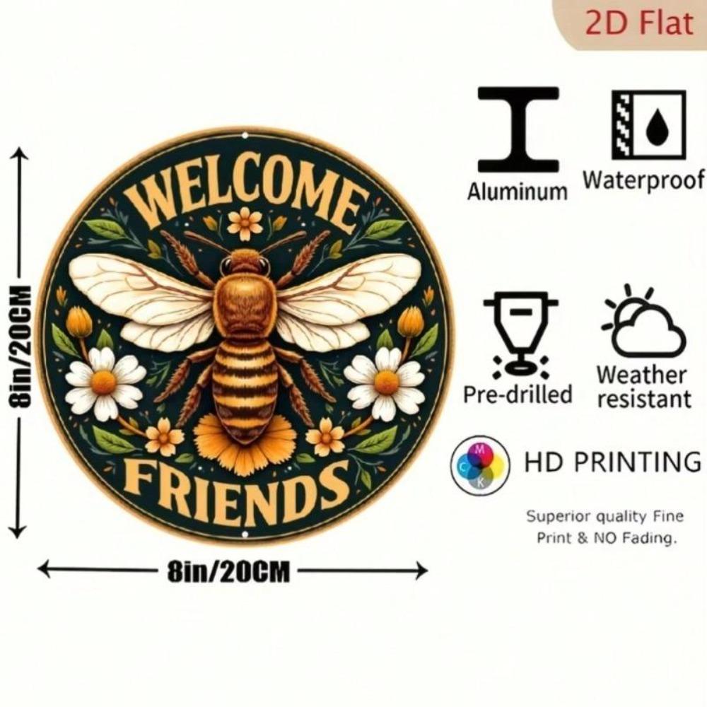 Vintage Bee Welcome Sign Round Aluminum Wall Art Floral Accents Home Decor Coffee Bar Wall Hanging