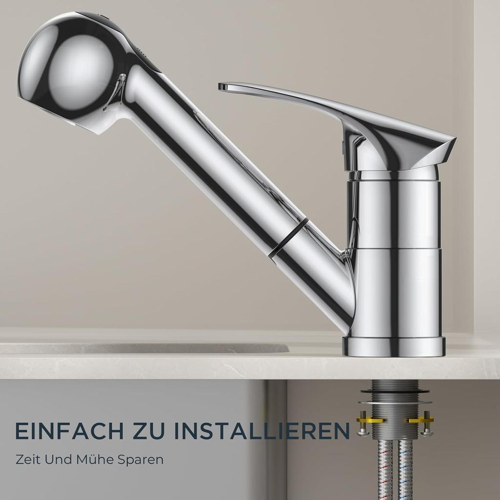Kitchen Faucet Polished Chrome, Stainless Steel Sink Fittings with Shower, Single Lever Mixer Kitchen Fittings, 360° Rotatable Mixer Battery Kitchen