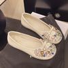 2025 Autumn New Round Head Shallow Mouth Flat Bottom Pearl Rhinestone Bow Single Shoes Flat Heel Soft Sole Ladyshoes