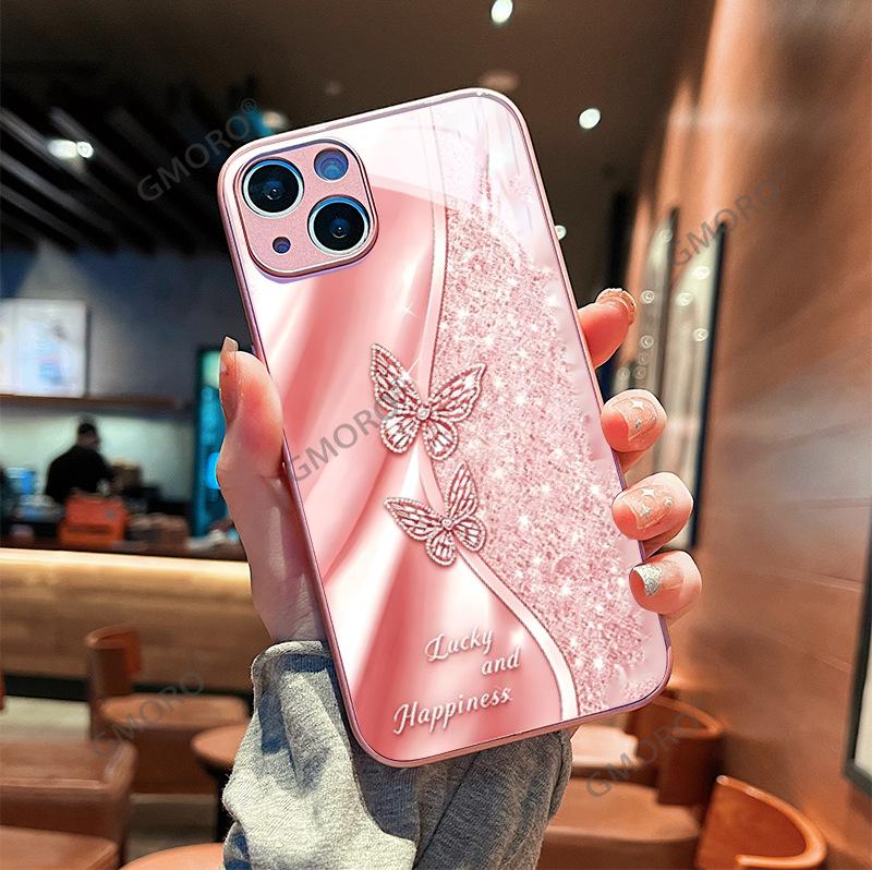 Light luxury flash diamond butterfly mobile phone case Apple 14promax metallic paint glass case iPhone17pm protective case