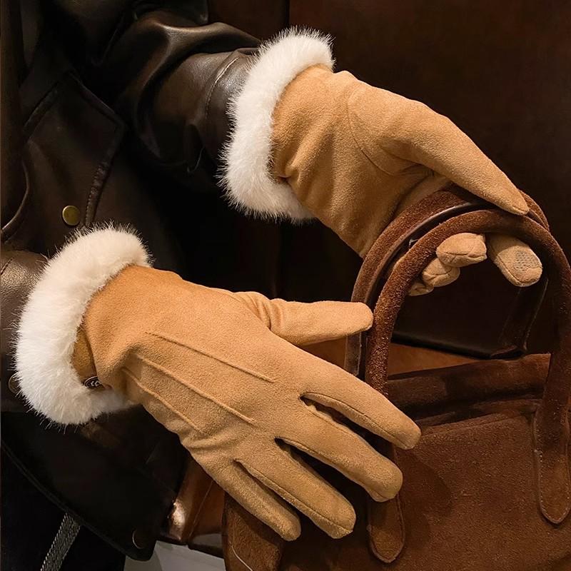 Suede Brown Plush Gloves Women's Autumn and Winter Thickened Plush Warm and Cold Outdoor Riding Gloves