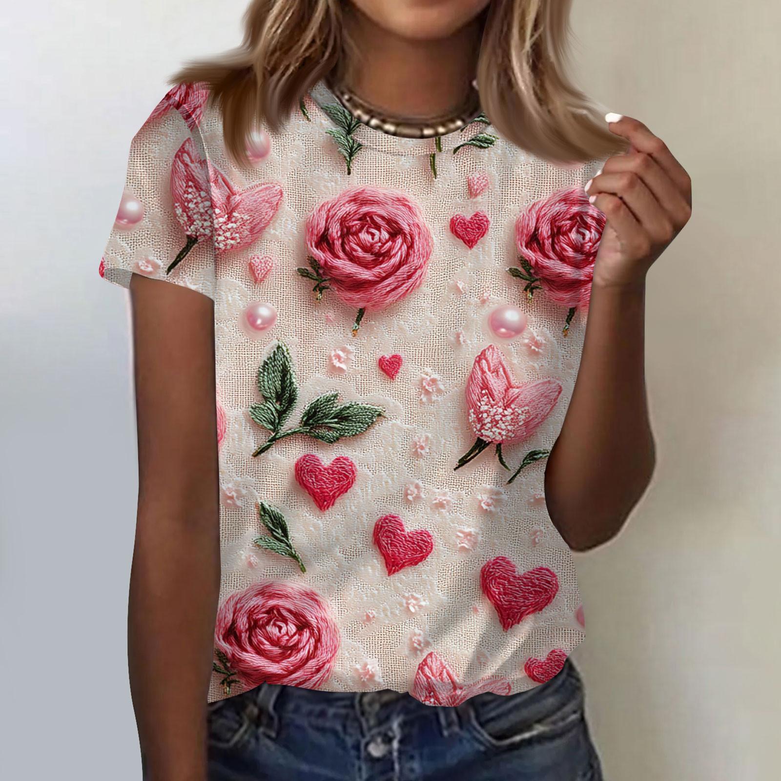 

Женская модная повседневная футболка с коротким рукавом и круглым вырезом с принтом ко Дню святого Валентина XL арбуз красный