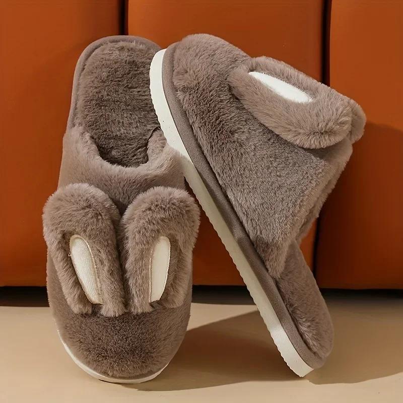 Fashion Women Cotton Slippers 2025 Winter Plush Cute Rabbit Comfortable Anti Slip Home Indoor Floor Warm Cartoon Slippers Mujer