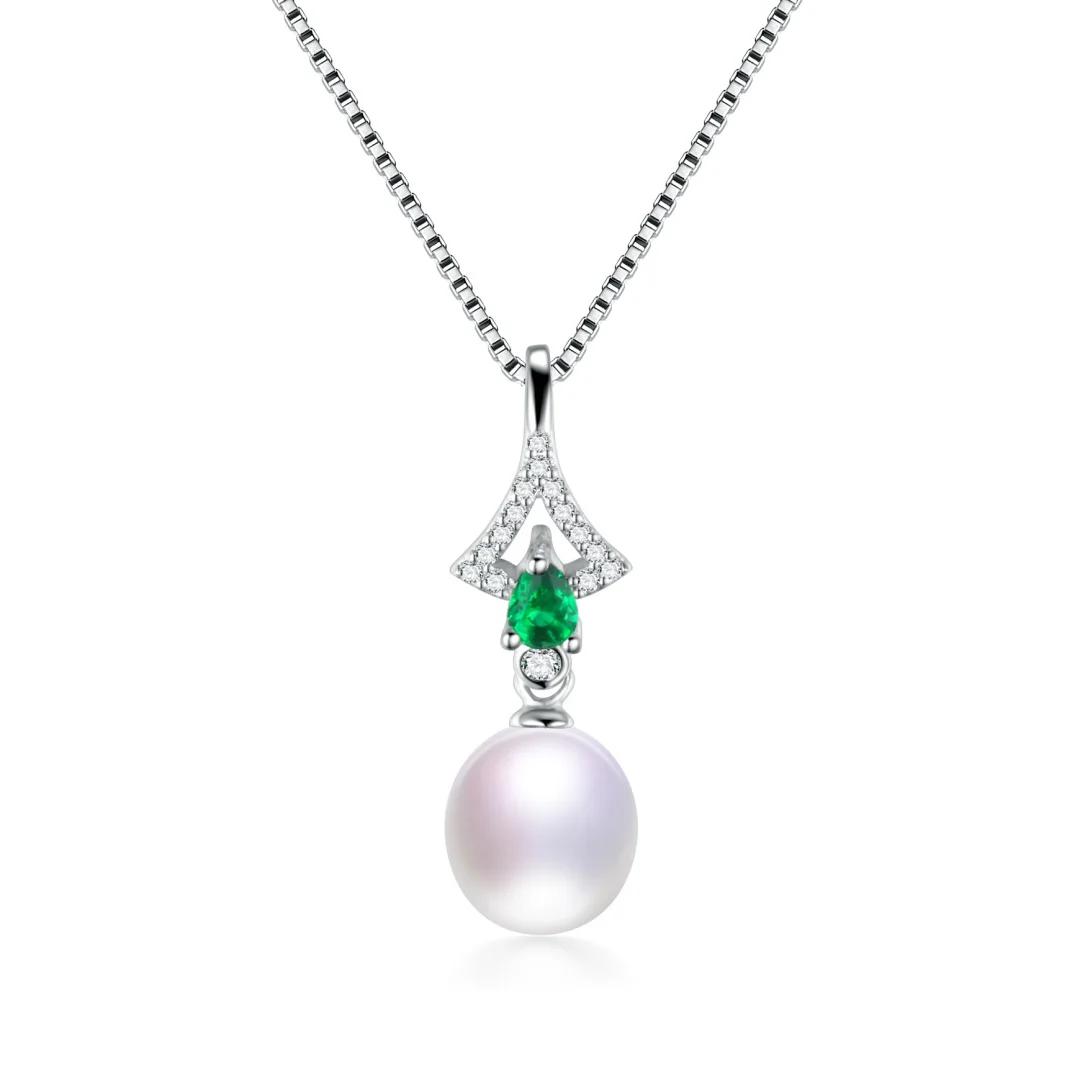 HENGSHENG 8-9mm Rice Shape Natural Freshwater Pearl Necklaces for Women 925 Silver Green Gem Pendant Necklace Jewelry Gift