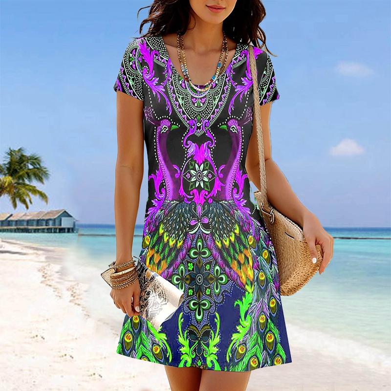 

Женская мода изящный ретро принт лето весна короткий рукав О-образный вырез повседневные платья 8XL фиолетовый