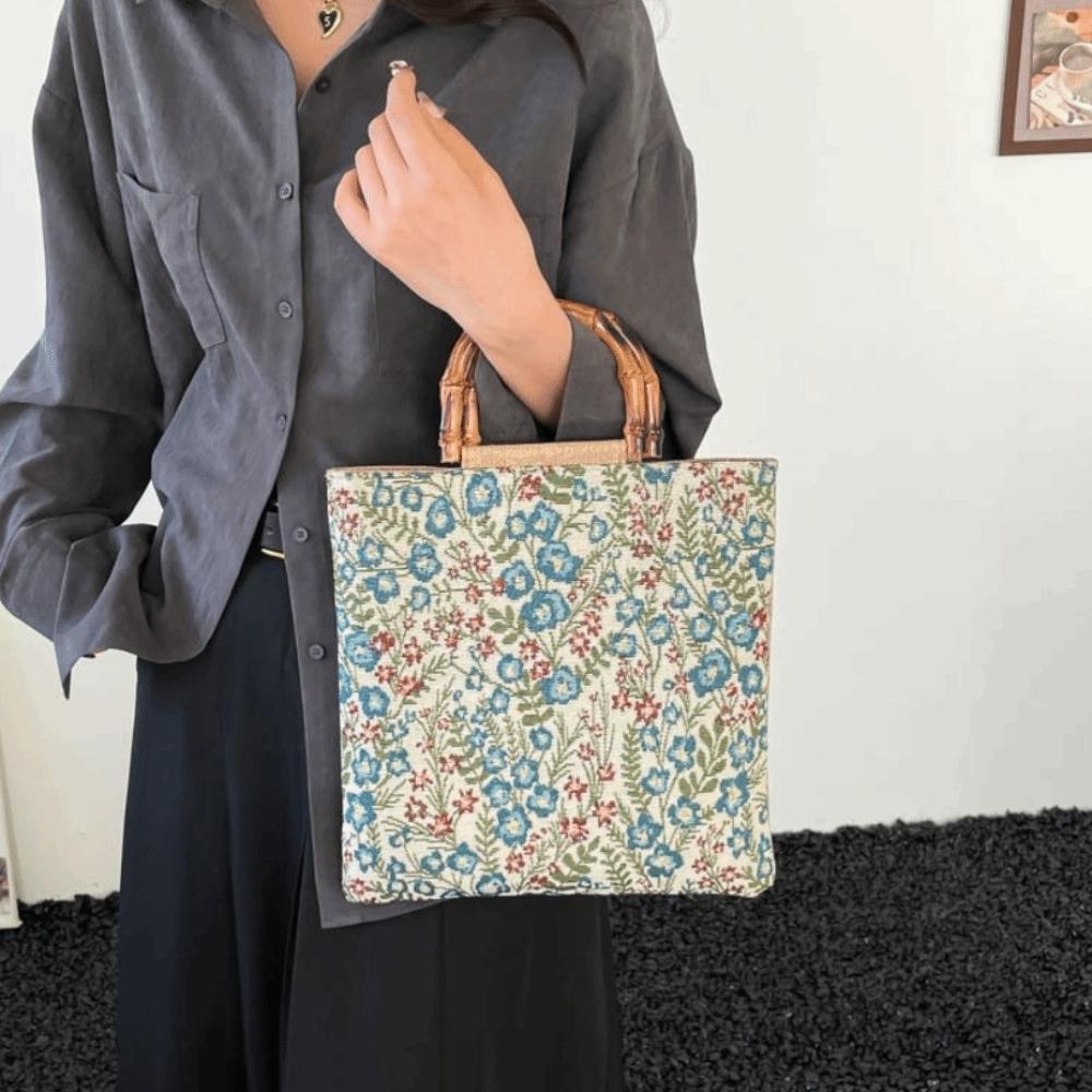 Cloth Material Bamboo Knot Handbag Floral Flower Print Artistic Jacquard Tote Bag Vintage Large Capacity Chinese Style Tote