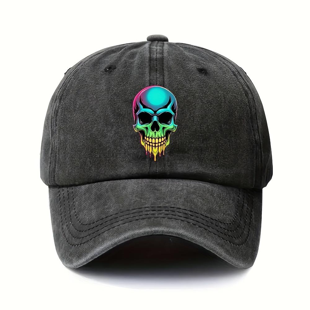 Neon Skull Print Baseball Cap Washed Denim Style Adjustable Streetwear Fashion Outdoor Casual Hat