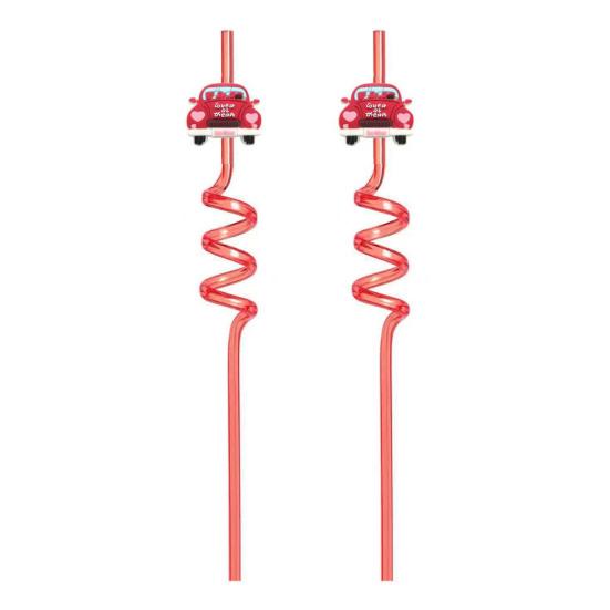 2Pcs Colorful Spiral Straws Creative Drinking Straws with Heart Lip Cake Charm Romantic Pink
