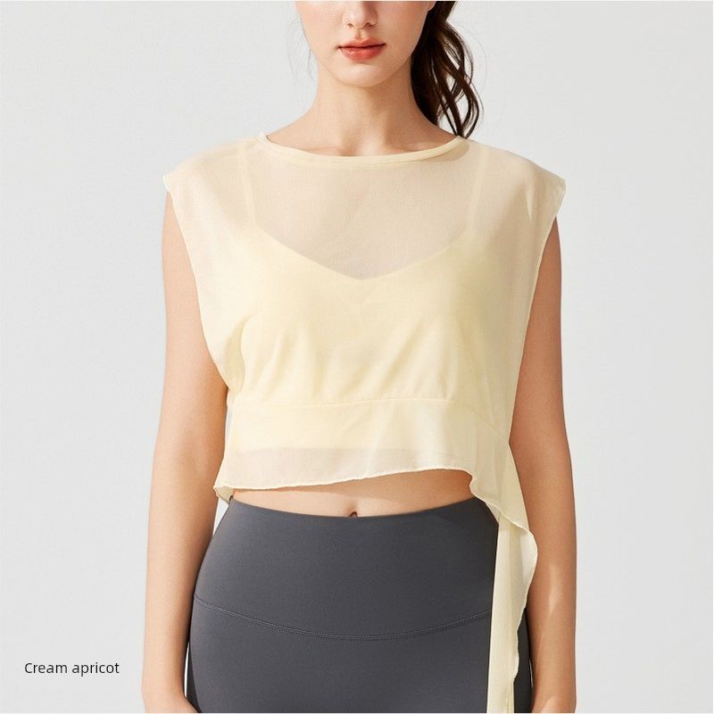 

Sports Vest Women Gym Loose Breathable Mesh Sleeveless Pilates Top Navel Yoga Dance Cover up Summer Cream apricot L(58.00 kg-65.00 kg)