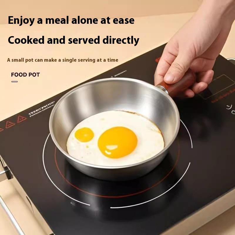 (JJ)1Stk 2025 Neu Edelstahl Kleine Kochpfanne Kochgeschirr Küchenwerkzeug 14CM/17CM Holzgriff Frühstückskocher Küchenwerkzeug