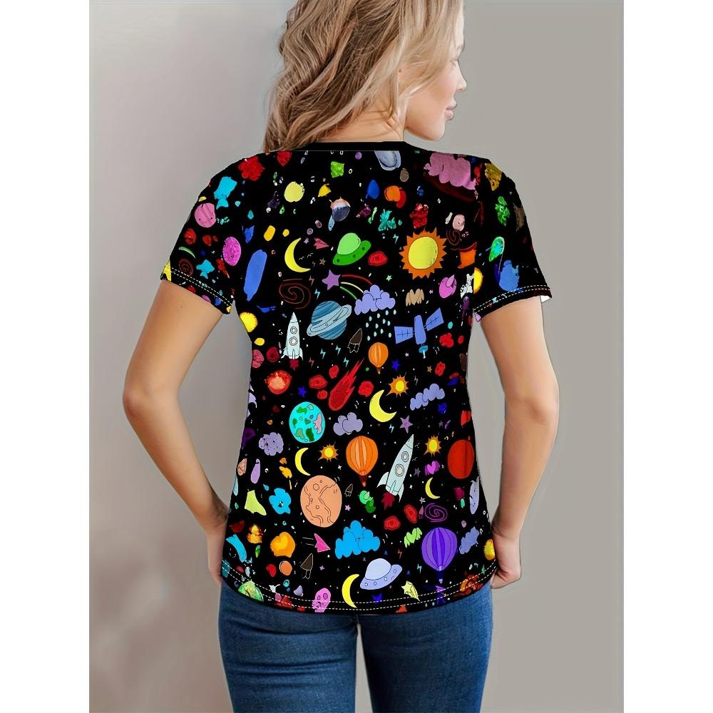Women's Tee - Colorful Space Cartoon Pattern Graphic, Playful Galaxy Print Design for Casual Daily Wear