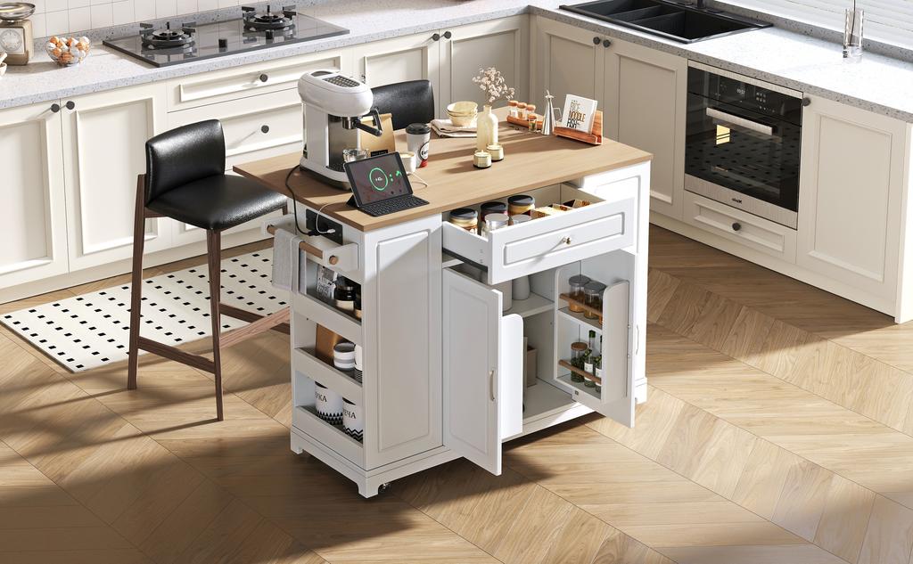 Kitchen island with casters, extendable dining area with multifunctional drawers and waste bin compartment, ideal for kitchen and dining room (white)