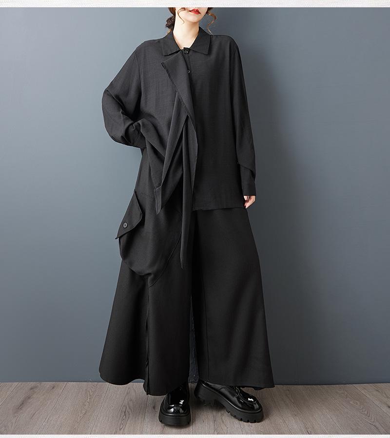 Spring Dark Style Niche Design: Loose Lapel Sashes Shirt & Wide Leg Pants Set