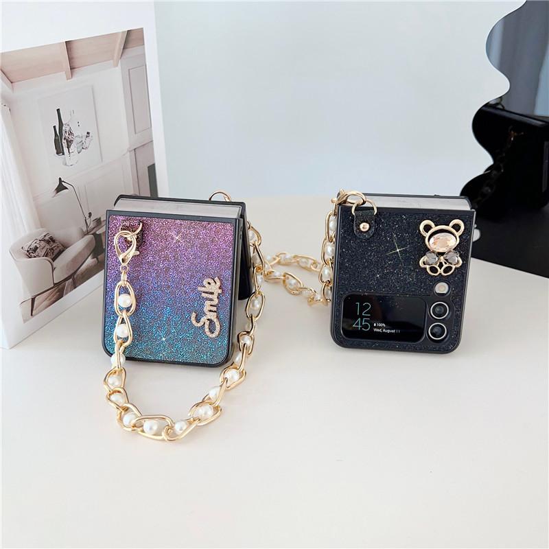 Luxury Cute Bear Glitter Pearl Short Chain Case for Samsung Galaxy Z Flip 4 Case 5G for Galaxy Z Flip3 Shockproof Cover