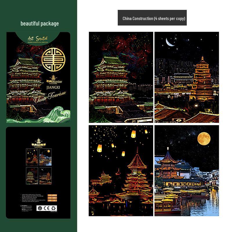 A5 Night View City Scenery DIY Scratch Painting for Kids - Eco-friendly Architecture Art Paper
