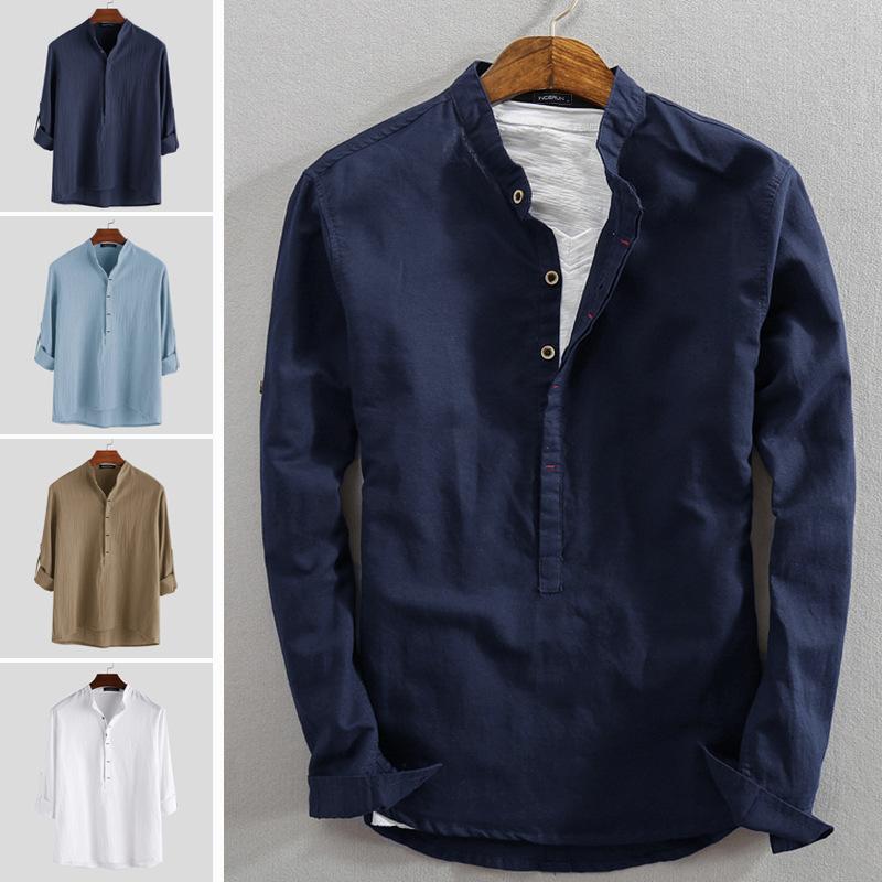 Spring and Autumn Loose Pure Color Long-sleeved Chinese Style Stand Collar Shirts Texture Contrast Button Design Men's Casual Shirts