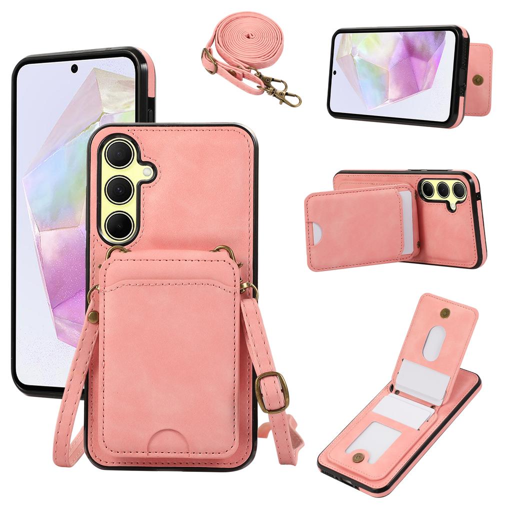 For Samsung Galaxy A56 5G Case Card Holder Kickstand Leather + TPU Phone Cover with Shoulder Strap