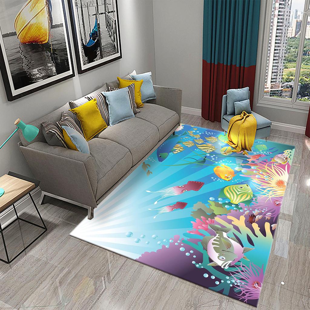 Underwater World Ocean Theme Carpet Cute Dolphin Octopus Sea Turtle Pattern Anti-slip Floor Mat for Living Room Bedroom Bathroom