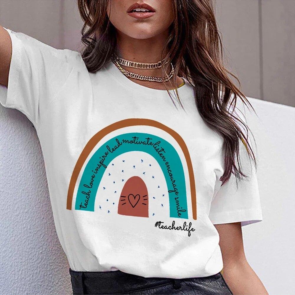 T Shirt For Women 2024 Printed Rainbow Teacher Casual Gift Harajuku Tee Shirts Lady Summer Short Sleeve Tops FeUnisex Unisex Tshirt