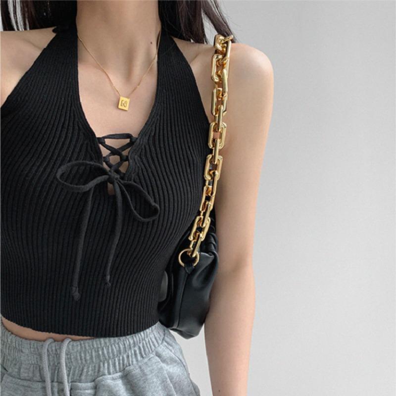 

Летний стиль Spice Design Sense V-образный галстук с узким жилетом-халтер, трикотажный топ-халтер с блузкой на груди One size