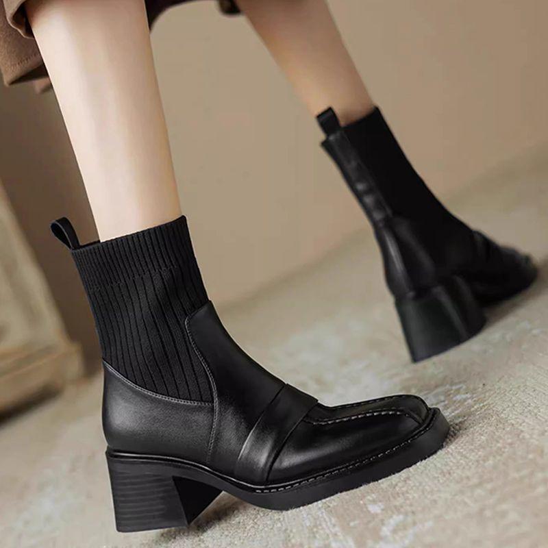 

Женские ботинки Мартин в европейском и американском стиле с квадратным носком - Эластичные, до середины икры, на толстом каблуке, нескользящие, с черной или коричневой подкладкой 37