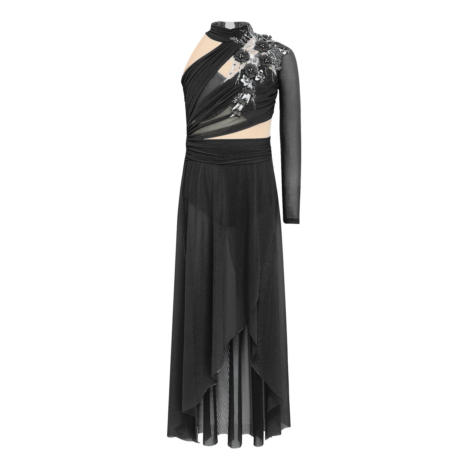 

Ніжна сукня для ліричного танцю з аплікацією для дівчат, виріз-ключик на спині, бічний розріз, нерівний поділ, асиметрична, з драпіруванням, сітчаста, для виступів 5-6 Years чорний