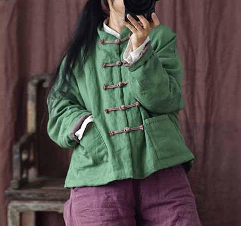 Johnature Frauen Vintage Leinen Parkas Taste Einfarbig Mäntel Winter Stand Plus Baumwolle Taschen Weibliche Chinesische Parkas