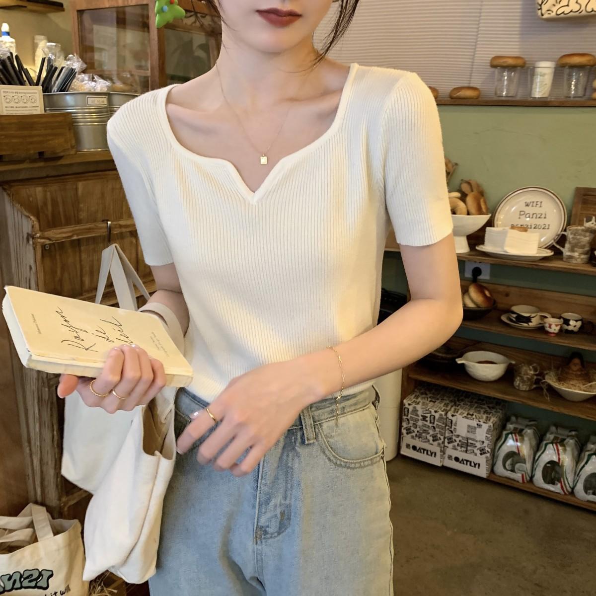 

Женская мода с коротким рукавом и V-образным вырезом, однотонная трикотажная футболка, блузка белый