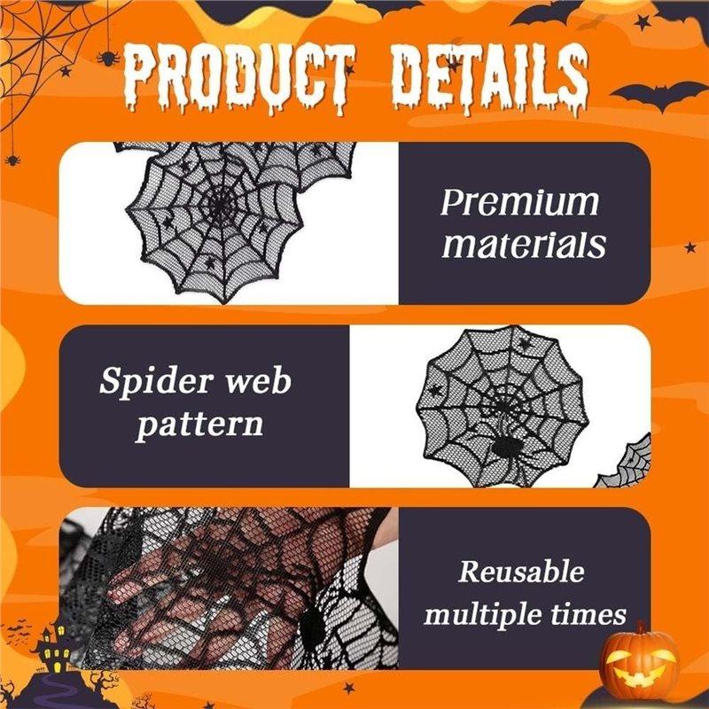 ABKP-Black Lace Spider Web Halloween Table Runner- 2Pcs 13X72 Inch For Dining Table, Mantle Counter,Party Decorations Mantel