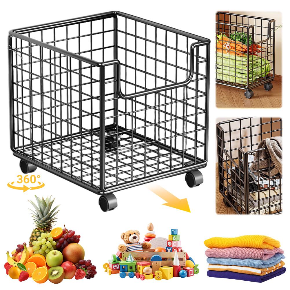 Wheeled Metal Storage Basket with Wheels Laundry Basket Hamper Mobile Dirty Clothes Hamper for Clothes Fruit Vegetable Storage