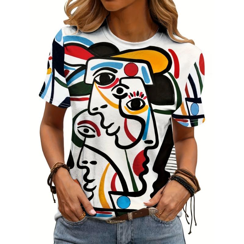 Printed round neck T-shirt new women s short-sleeved top S