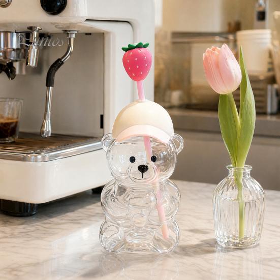 Set di Testa di Paglia Cartoon Orsetto Carino Tazza di Vetro con Coperchio, Bottiglia d'Acqua in Plastica/Vetro da 500/591ml per Grandi Capacità Bevande Fredde/Calde, Motivo Caffè