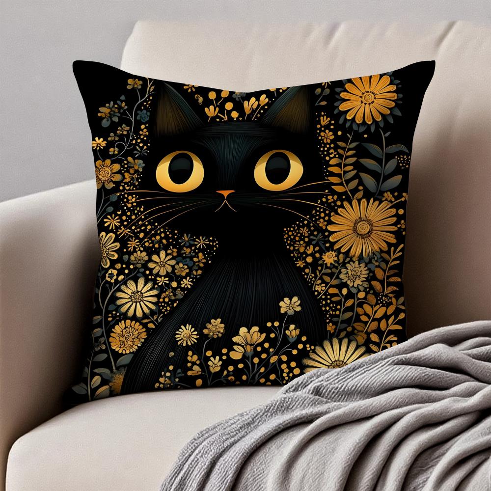 Art Black Cat Cushion Cover Pillowcase Antidustmite Invisible Zipper Short Plush Sofa Cushion