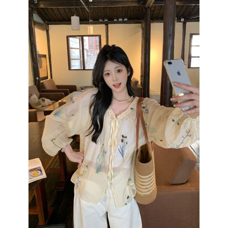 Kumikumi Sweet Style Print Tied Long Sleeves Shirt Women's Autumn New Arrival Niche Loose Slimming Thin Tops