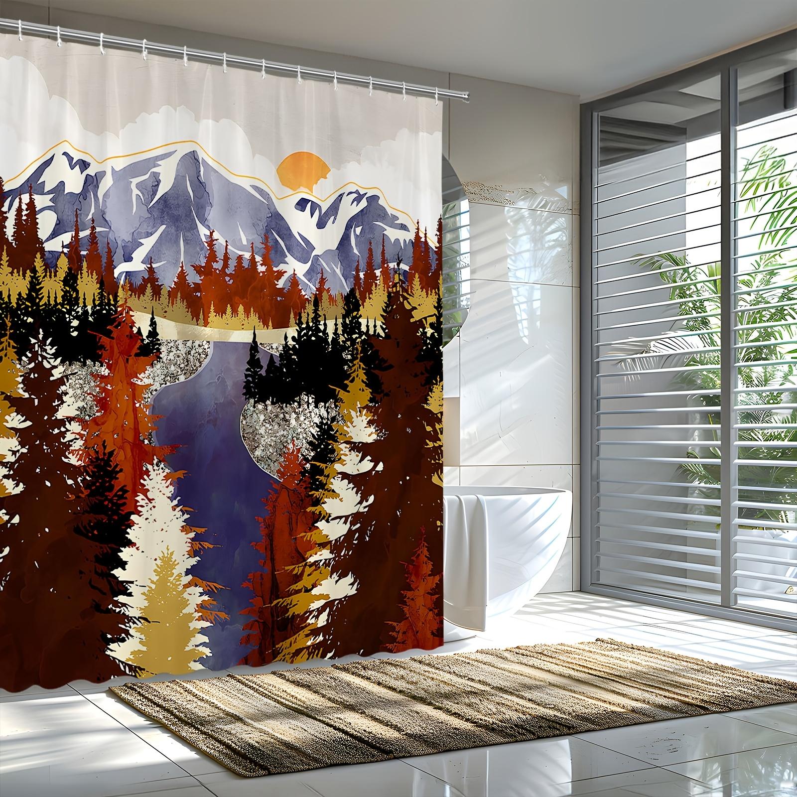 

Mountain Landscape Shower Curtain - Majestic Pine Trees, Snowy Peaks, And Stunning Sunset For Scenic Bathroom Decor W60H190(CM)-1 Pcs