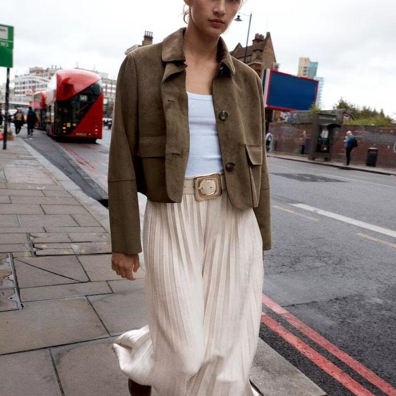 Za Autumn New Women's Clothing Zr European and American Style Fashion Belted Suede Pleated Midi Skirt 3046266