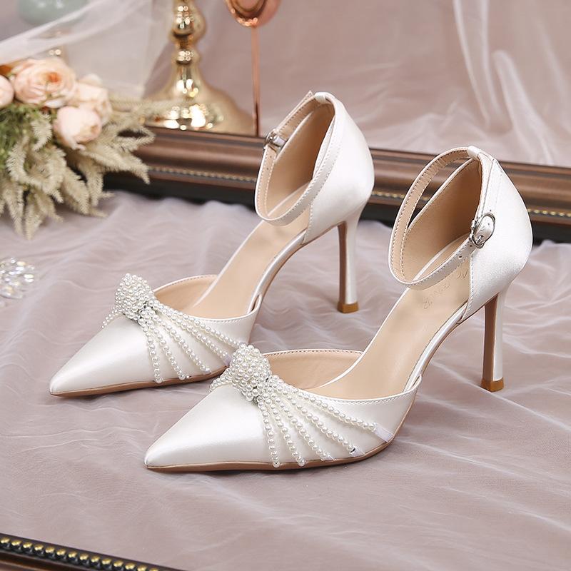 

Luxury Pearl Chain High Heel Women s Shoes Sexy Pumps Pointed Toe Stilettos Elegant Dress Weddings Bridal Party Shoes White 33