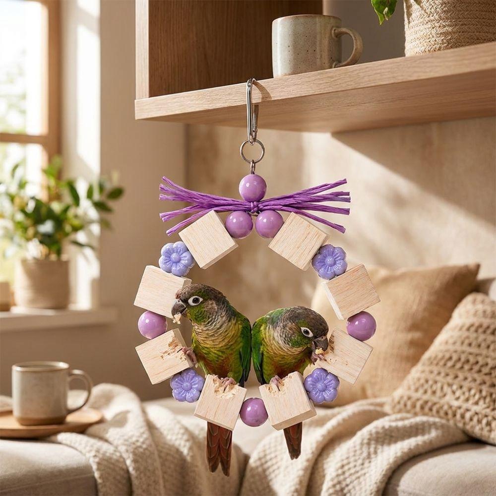 Ring-shaped Wooden Parrot Chewing Colorful Beads Solid Wood Bird Foraging Swing Bite Resistant Chewing Exercise