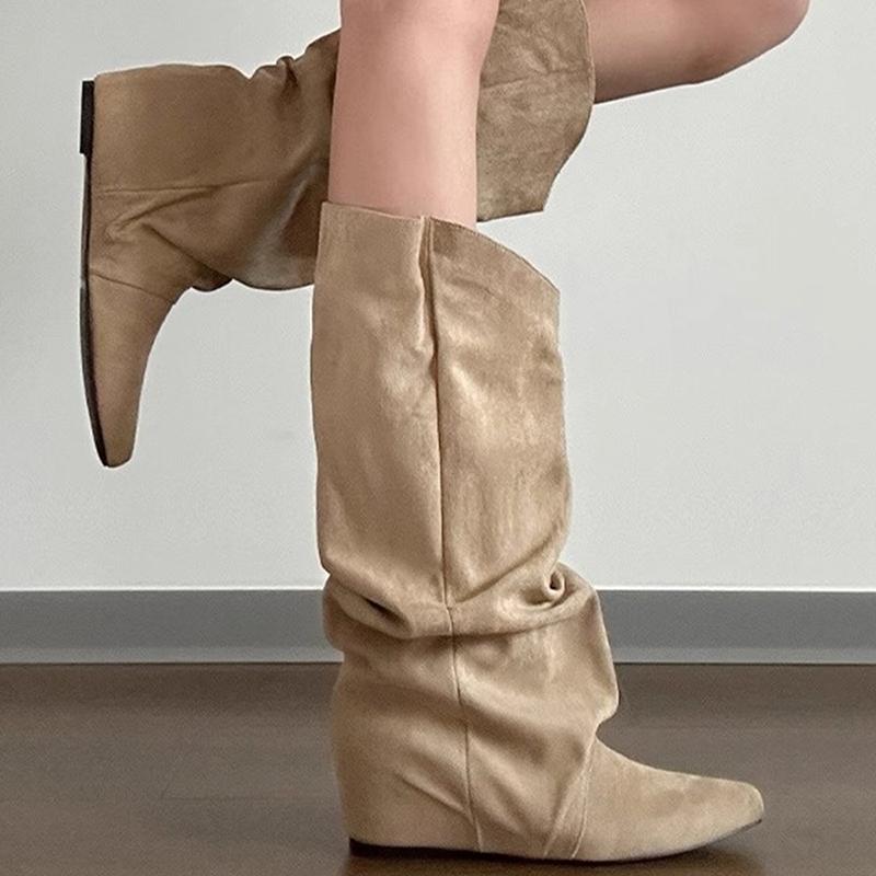 Fashion Autumn Winter Pleated Women Western Cowboy Boots Internal Elevation Knight Booties Zapatos De Mujer