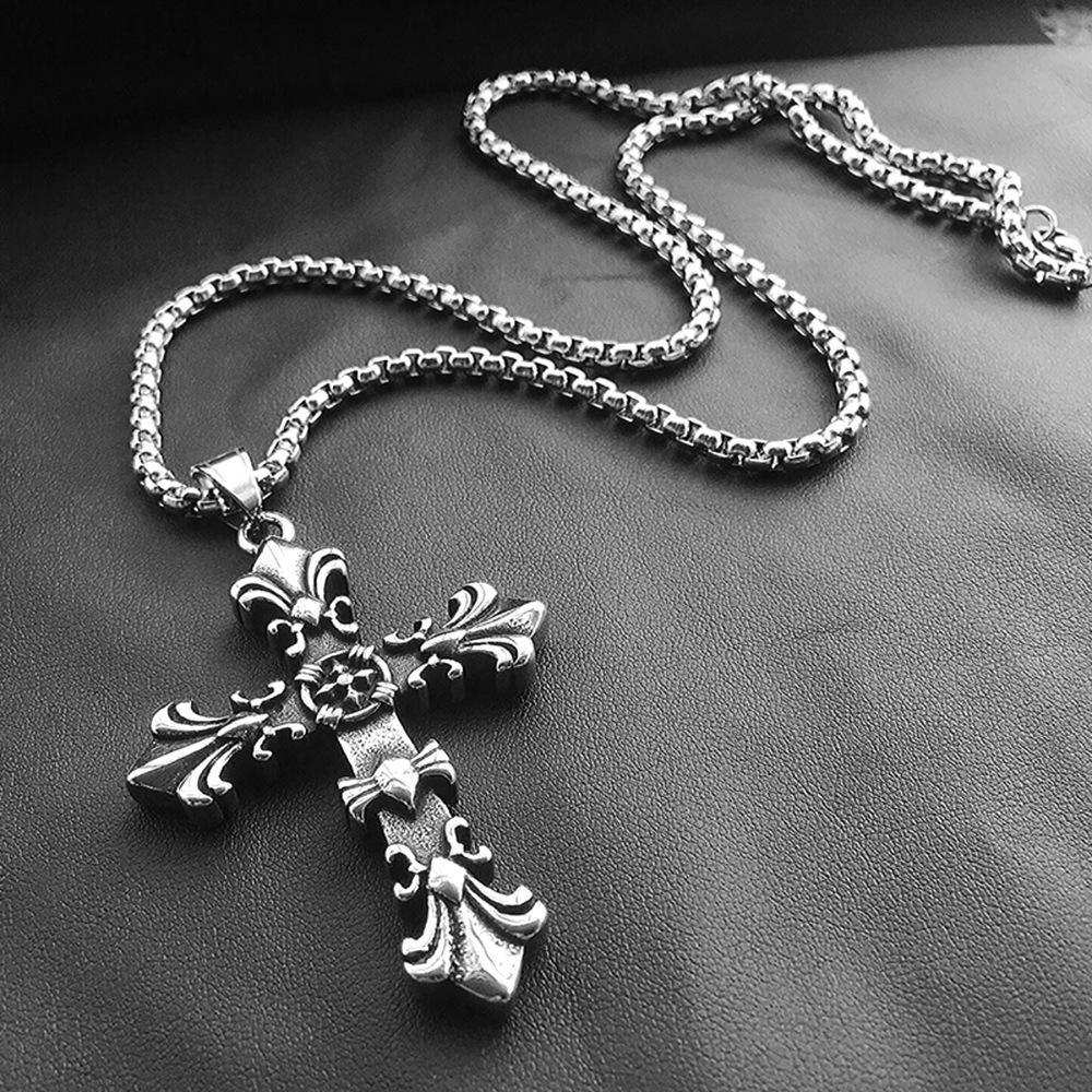 Colier cu pandantiv cruce vintage din oțel inoxidabil pentru bărbați și femei, cool Boys, argint