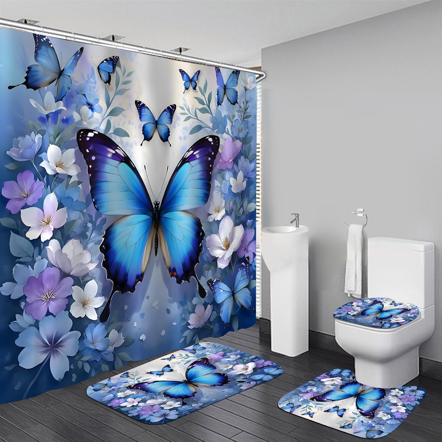 

11 стилей 4 шт. Набор занавесок для душа для ванной комнаты Зеленый Синий Бабочка Занавеска для ванной комнаты с 12 крючками Нескользящие коврики Крышка для унитаза Коврик Перегородка для ванной комнаты 4Pcs