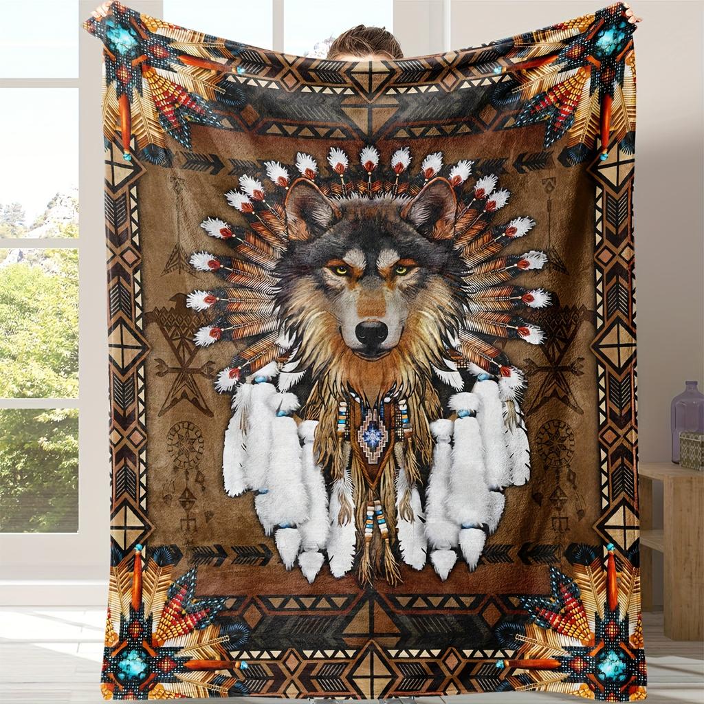 1pc Wolf patterned flannel blanket, thickened and warm, suitable for all seasons, camping, office, and dormitory covers