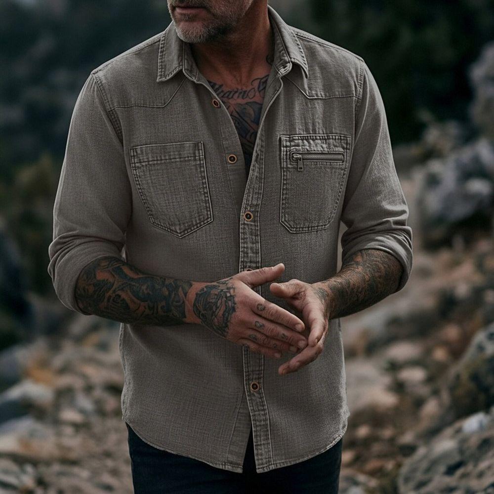 Camicia da uomo vintage in denim lavato a maniche lunghe con bottoni e tasca con zip, casual, da lavoro