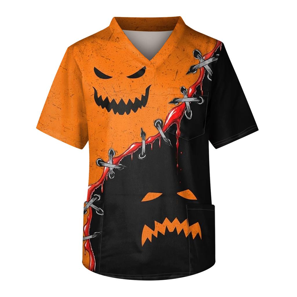 Men's Printing Short Sleeve V-neck Working Blouse Chest Pocket Carer Top