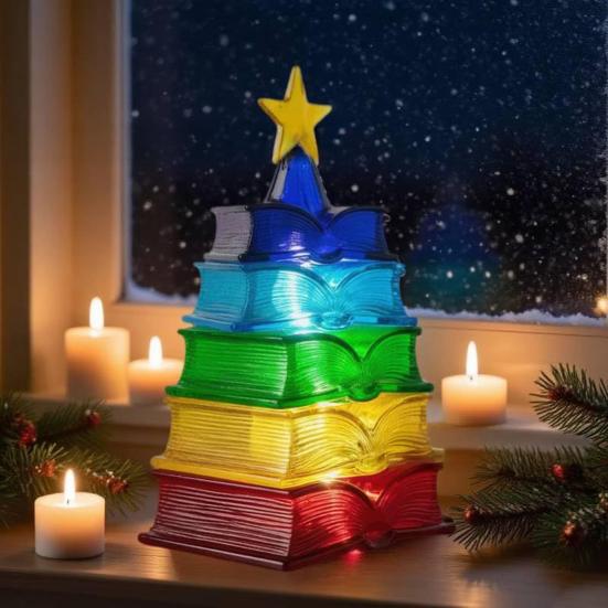 Multicolour Book Stack Ornament for Christmas Tree Stained Stacked Book Tree Shaped Suncatcher for Book Lovers Librarians Reader Bookworm Gifts