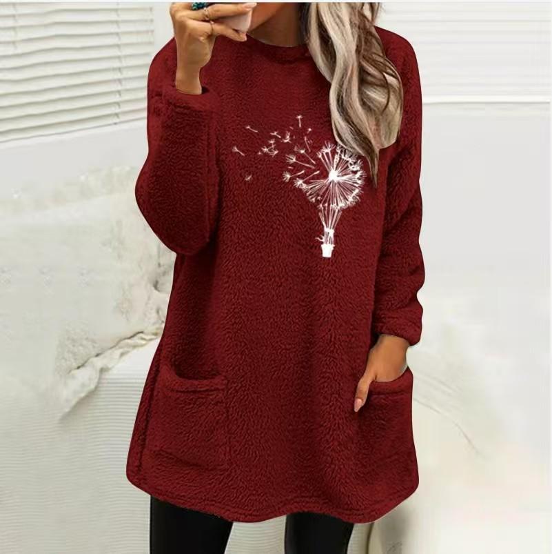Women's Loose Fit Crew Neck Tunic Sweatshirt Long Sleeve Double Fleece Pullover Top Dandelion Floral Print Casual Fall Sweater With Side Pockets